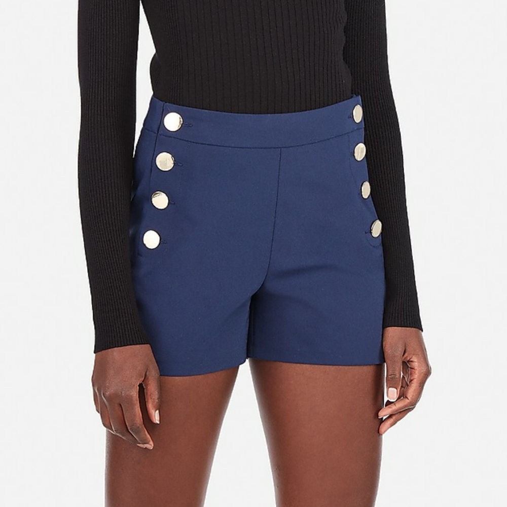 NWT Express Navy Blue High Waist Gold Button Sailor Midi Shorts 18 - Picture 1 of 2